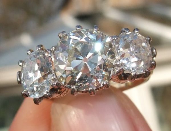 Huge old cut diamond trilogy ring 5ct
