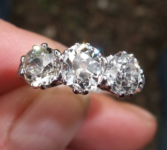Absolutely super 2.47ct old cut diamond trilogy ring