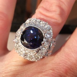6ct natural sapphire & 2ct old cut diamond antique ring