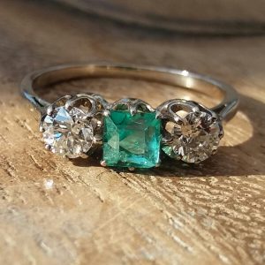 Columbian Emerald and Antique diamond 3 stone ring