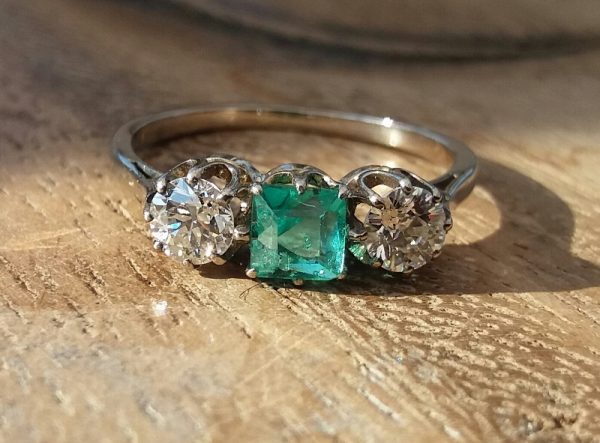 Columbian Emerald and Antique diamond 3 stone ring
