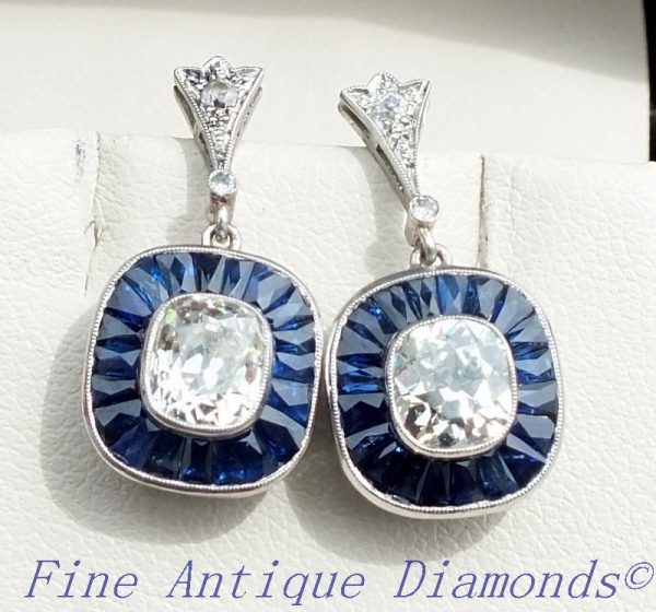 1.70ct old cushion cut diamond and sapphire earrings