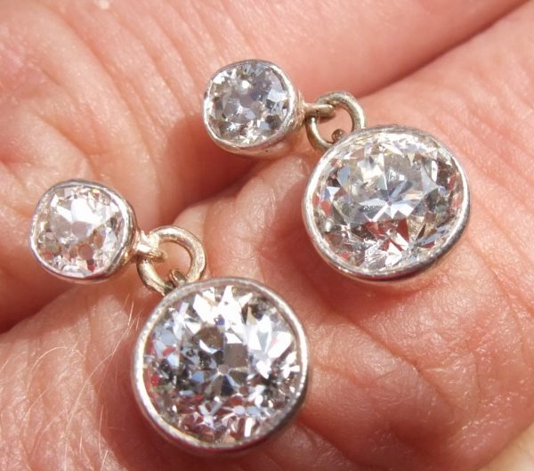 Old cut diamond solitaire drop earrings 2.70ct