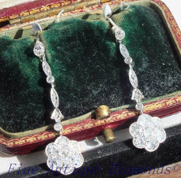 French platinum old cut diamond drop earrings