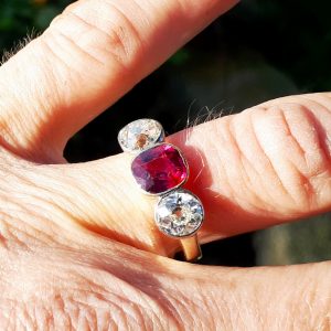 SOLD. Investment Quality! 3.50ct Old Cut Diamond & Ruby Trilogy ring