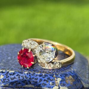 RARE!! Burma Ruby & Old Cut Diamond 2 stone/Toi et Moi.