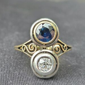 Lovely Art Nouveau Old mine cut diamond & Sapphire 2 stone