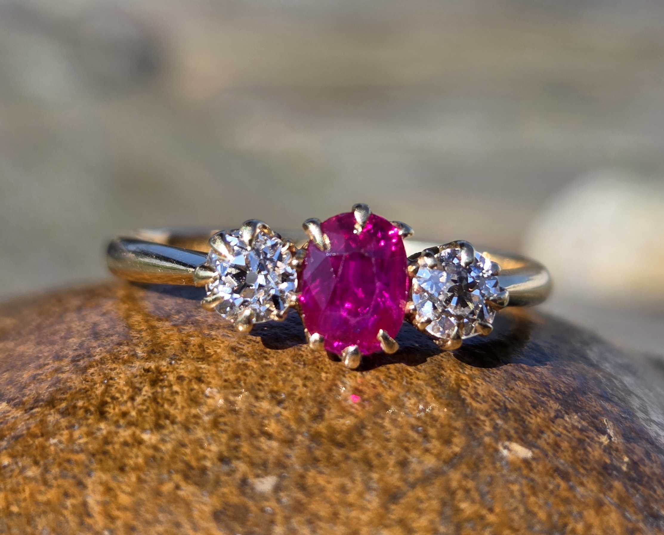 Quality!! Burma Ruby and Old Cut Diamond Trilogy ring.