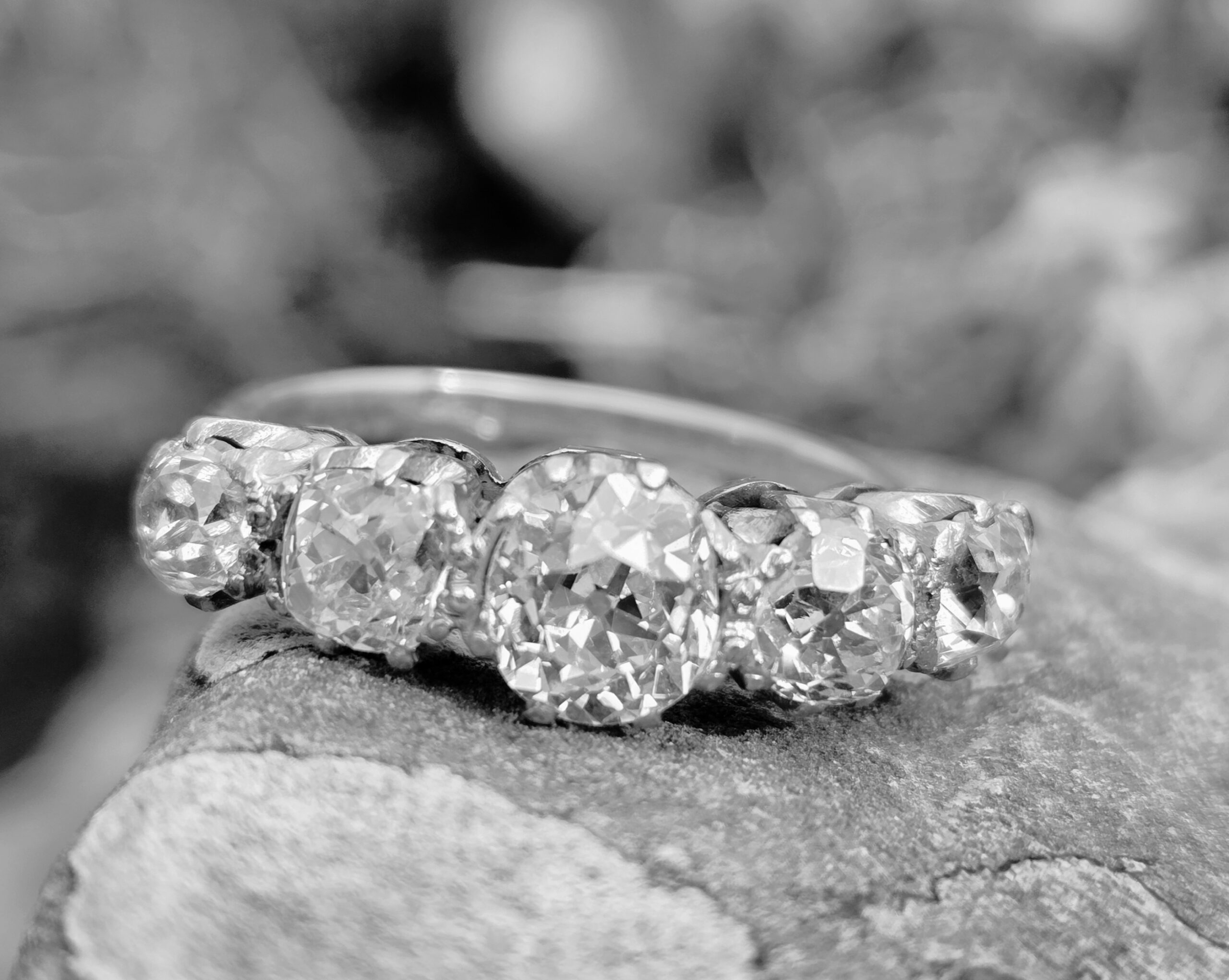 Huge Old Mine Cut Diamond 5 stone ring