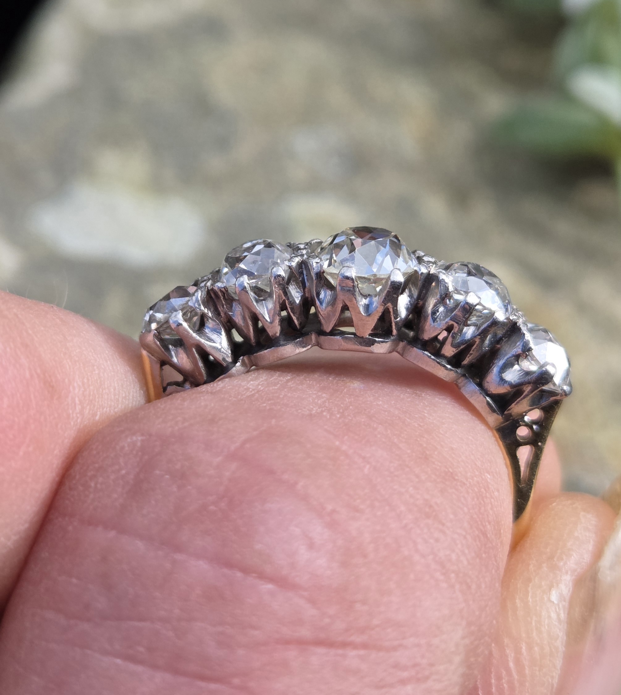 Huge Old Mine Cut Diamond 5 stone ring - Image 9