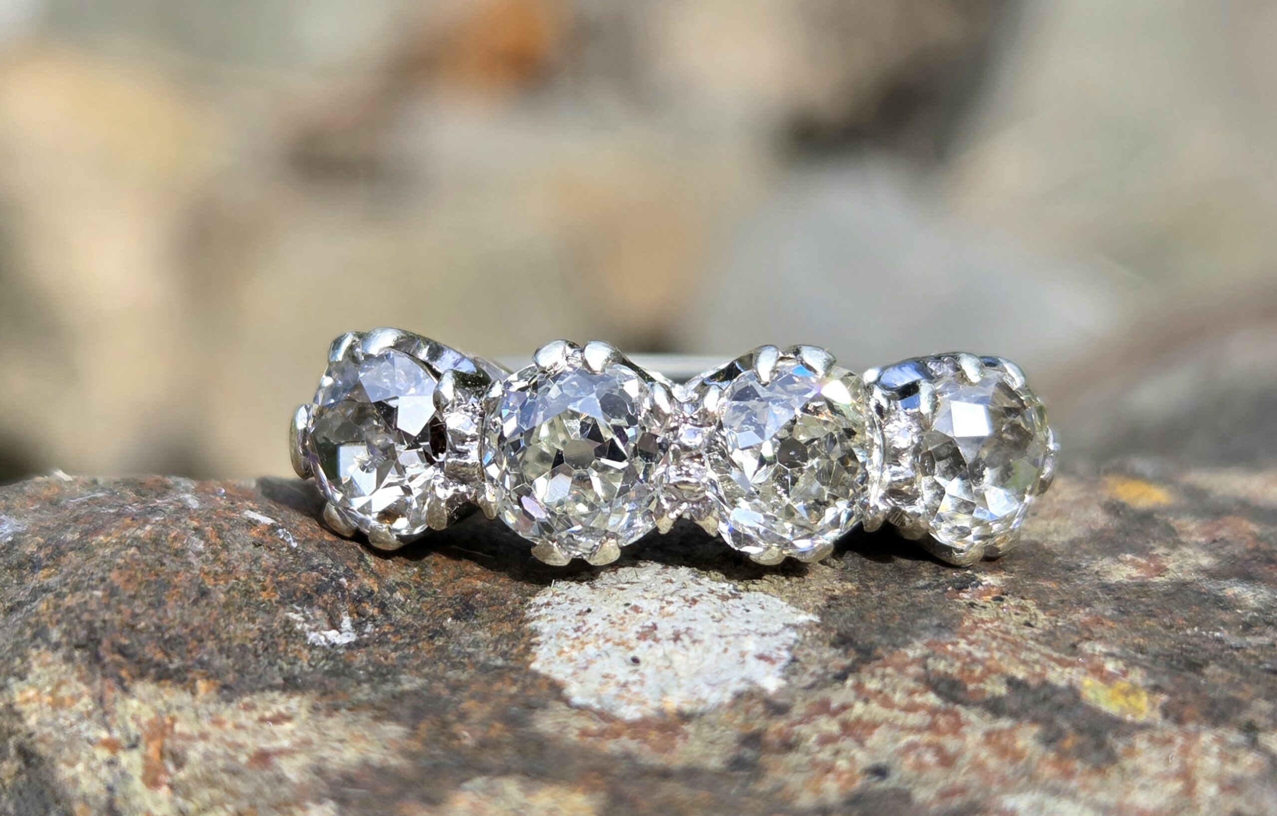 Rare Old Mine cut diamond 4 stone ring