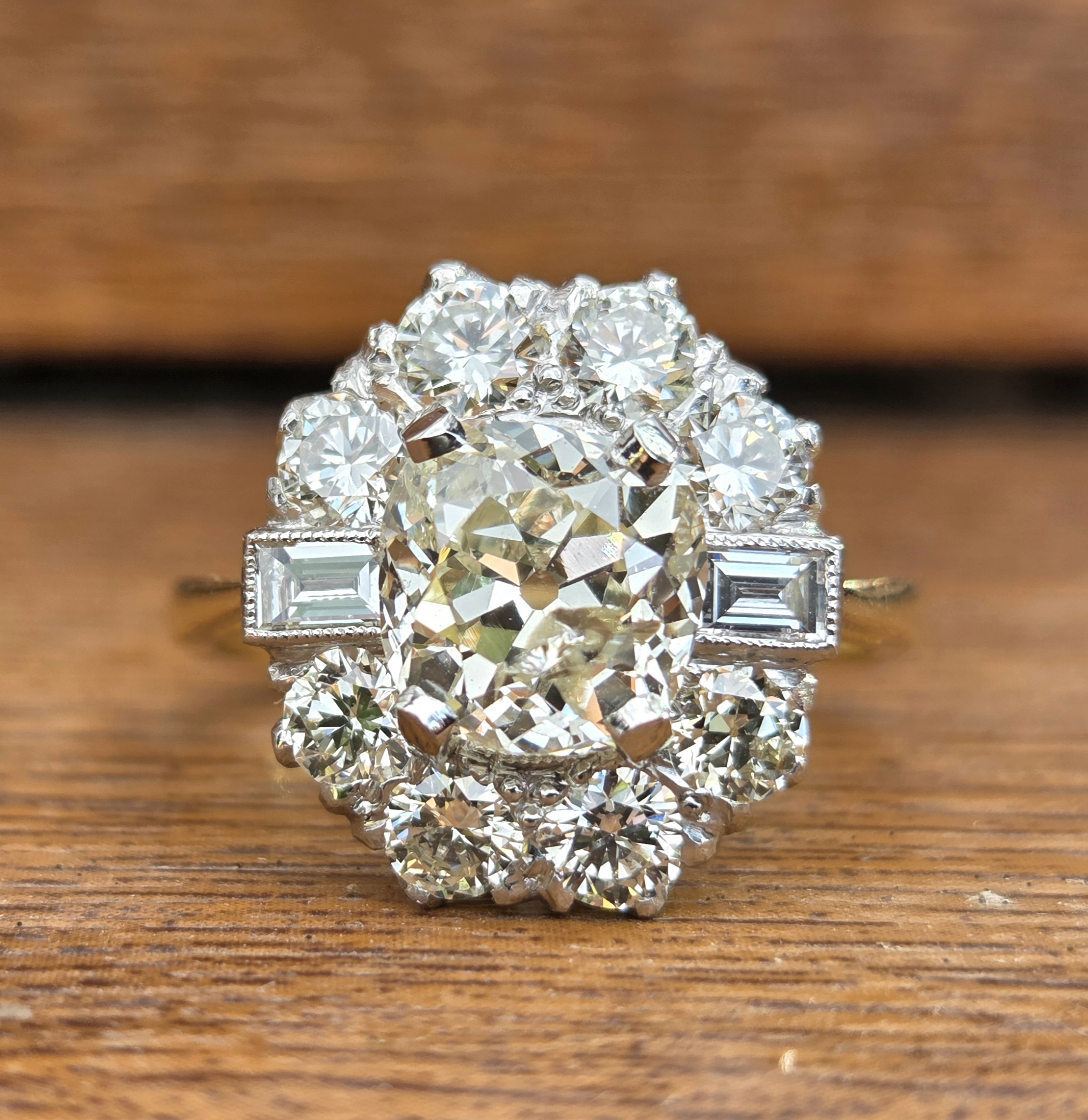 SOLD. 3.50ct Old Mine cut Diamond Cluster ring.