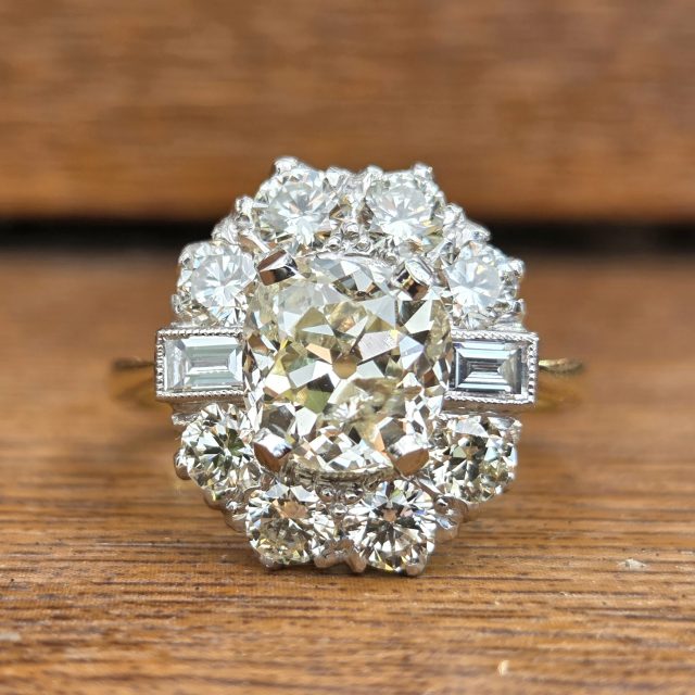 SOLD. 3.50ct Old Mine cut Diamond Cluster ring.