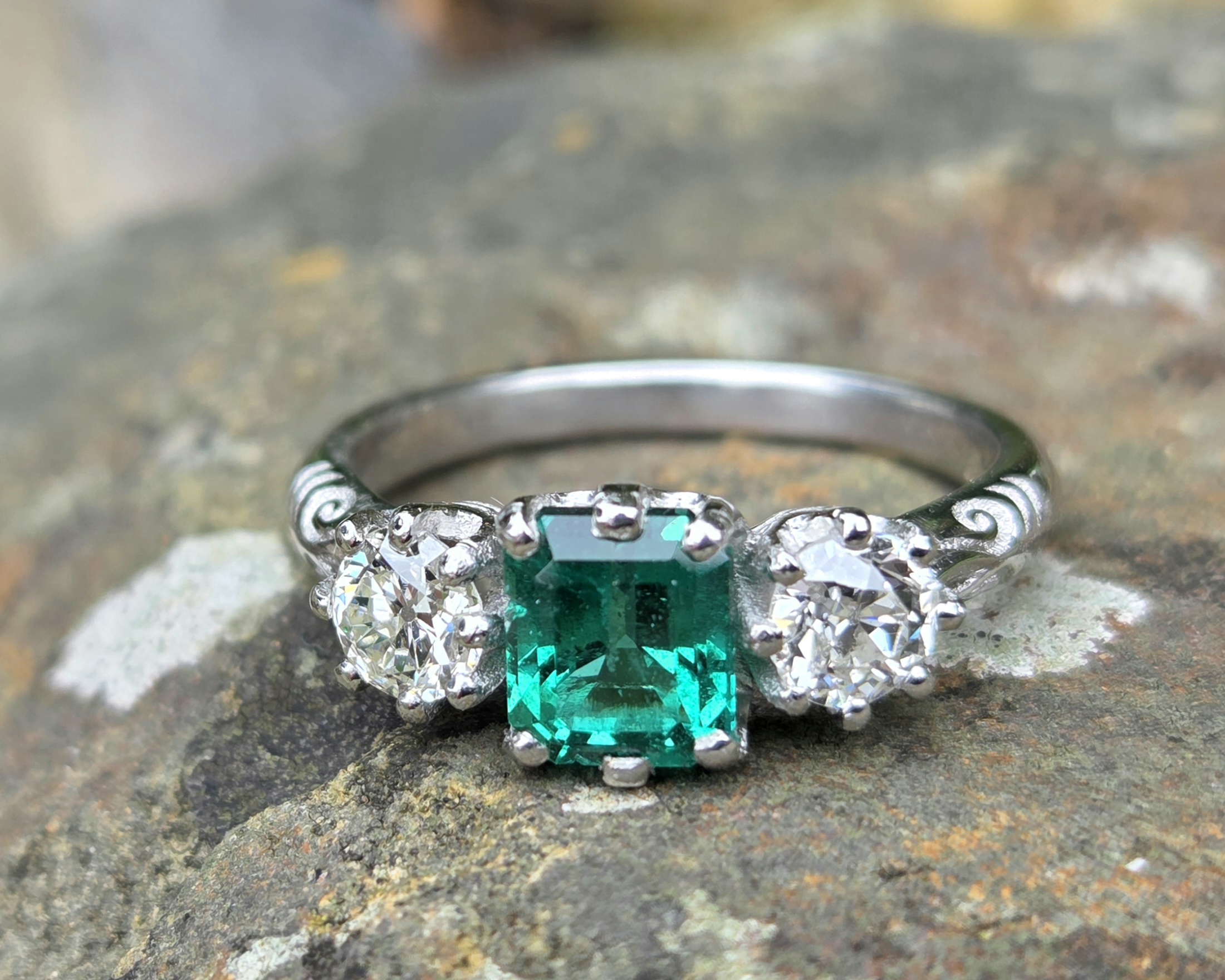 Certified Emerald & Old cut Diamond Trilogy.